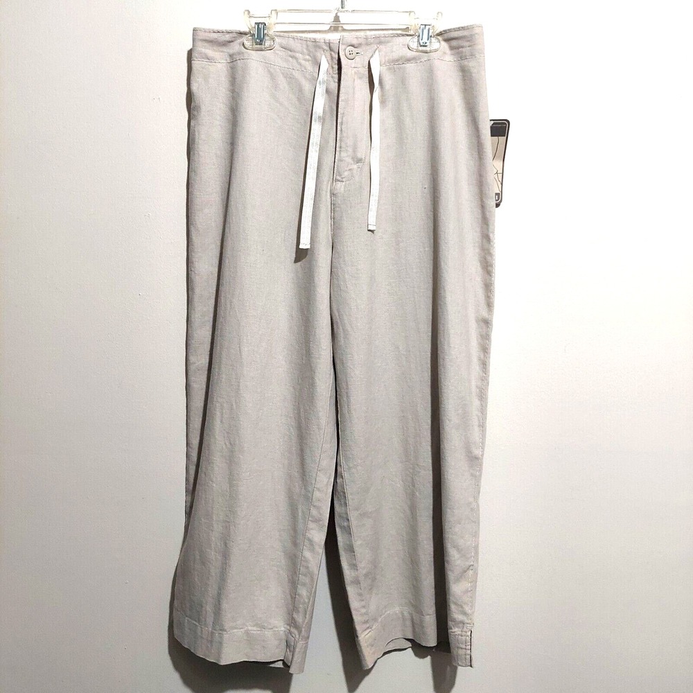 Lee Womens 10P Mid Calf Capri Linen Cotton Tan Snap Back Pockets Zip Button NEW